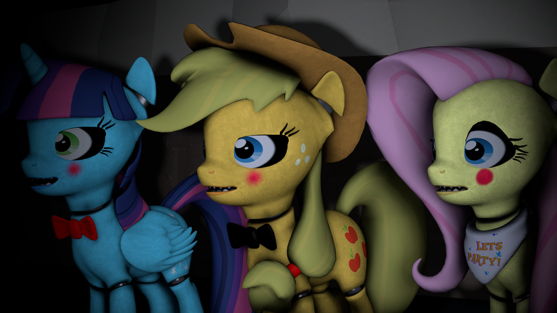 Size: 1920x1080 | Tagged: safe, artist:fd-daylight, derpibooru import, applejack, fluttershy, twilight sparkle, twilight sparkle (alicorn), alicorn, pony, robot, five nights at aj's, 3d, animatronic, applefreddy, applefreddy fazjack's pizzeria, bonnie, chica, creepy, crossover, female, five nights at aj's 2, five nights at freddy's, flutterchica, freddy fazbear, gmod, mare, solo, source filmmaker, toy applefazjack, toy fluttershy, toy twilight, twibon, twibonnie