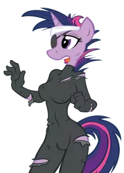 Size: 1500x2100 | Tagged: suggestive, artist:internationaltck, artist:trollie trollenberg, derpibooru import, twilight sparkle, anthro, unicorn, it's about time, alternate hairstyle, breasts, catsuit, clothes, eyepatch, female, future twilight, headband, looking at something, open mouth, reaction image, simple background, solo, solo female, torn clothes, transparent background, unicorn twilight, vector