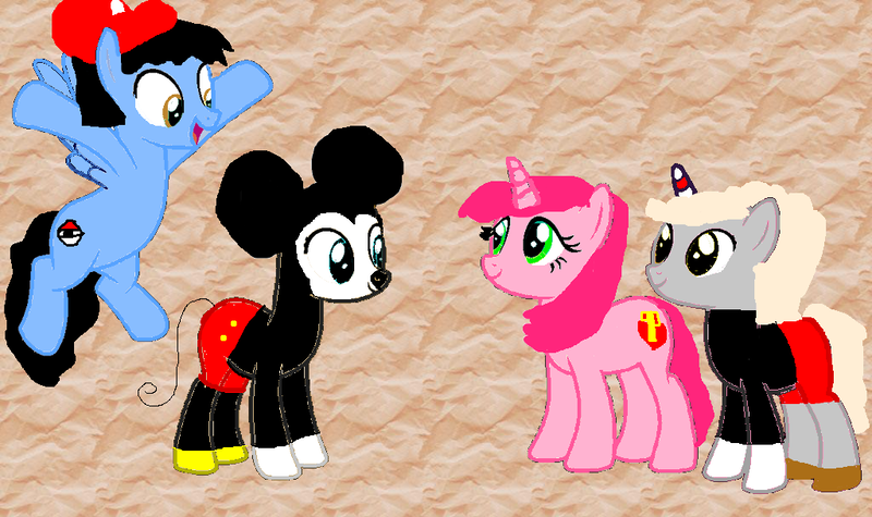 Size: 1024x608 | Tagged: safe, artist:katierose45, artist:kurisha-chan, derpibooru import, ponified, earth pony, pegasus, pony, unicorn, amy rose, ash ketchum, base used, clothes, crossover, cuphead, cuphead (character), disney, gloves, hat, long sleeves, mickey mouse, nintendo, pokémon, sega, shirt, shoes, shorts, sonic the hedgehog (series), studio mdhr