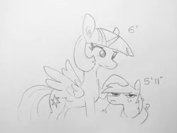 Size: 1920x1440 | Tagged: safe, artist:tjpones, derpibooru import, big macintosh, twilight sparkle, twilight sparkle (alicorn), alicorn, earth pony, pony, 5'11" vs 6'0", chest fluff, duo, ear fluff, female, grayscale, hay, hay stalk, head pat, lineart, male, mare, monochrome, pat, simple background, size difference, stallion, straw in mouth, traditional art