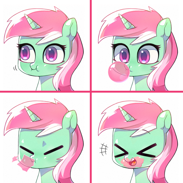 Size: 1000x1000 | Tagged: safe, artist:9seconds, derpibooru import, minty bubblegum, pony, unicorn, ><, background pony, bubblegum, bust, chewing, cute, eating, eyes closed, female, food, gum, mare, open mouth, portrait