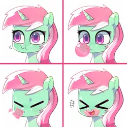 Size: 1000x1000 | Tagged: safe, artist:9seconds, derpibooru import, minty bubblegum, pony, unicorn, ><, background pony, bubblegum, bust, chewing, cute, eating, eyes closed, female, food, gum, mare, open mouth, portrait