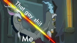 Size: 1280x720 | Tagged: caption, derpibooru import, discord, edit, edited screencap, explicit text, exploitable meme, image macro, male, meme, safe, screencap, solo, text, that gay shit, twilight's kingdom, unamused, vulgar