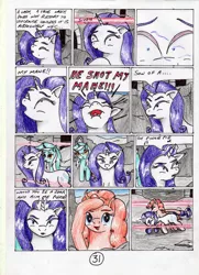 Size: 2508x3461 | Tagged: safe, artist:40kponyguy, derpibooru import, lyra heartstrings, pinkie pie, rarity, earth pony, pony, unicorn, 40kponyguy's the staff of aurelian, angry, behaving like a weapon, comic, crossover, female, laser, mare, ruins, salute, spaceballs the tag, twigun, warhammer (game), warhammer 40k