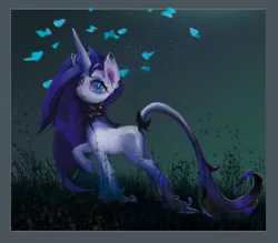 Size: 3076x2698 | Tagged: safe, artist:lara, derpibooru import, rarity, classical unicorn, firefly (insect), insect, pony, unicorn, :3, bow, cloven hooves, female, leonine tail, mare, missing cutie mark, night, solo, traditional unicorn tail, unshorn fetlocks