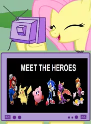 Size: 563x770 | Tagged: crossover, derpibooru import, exploitable meme, fluttershy, kirby, mario, meme, obligatory pony, pikachu, pokémon, rayman, safe, skylanders, sonic the hedgehog, sonic the hedgehog (series), spyro the dragon, super mario bros., tv meme