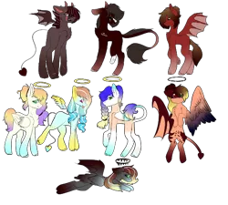 Size: 512x461 | Tagged: safe, artist:hunny-bun-bunn, derpibooru import, oc, oc:anatasia, oc:bluey, oc:elvere, oc:maddie, oc:nightlight (ice1517), oc:peachblizzard, oc:summer (ice1517), oc:sweetpeach (ice1517), unofficial characters only, angel pony, bat pony, demon, demon pony, original species, pegasus, pony, amputee, angel, bandage, black sclera, colored sclera, eye scar, female, flying, halo, hbrid, heterochromia, male, mare, markings, multicolored hair, raised hoof, scar, simple background, stallion, tattoo, transparent background, unshorn fetlocks