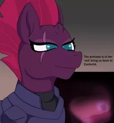 Size: 1182x1280 | Tagged: suggestive, artist:bur', derpibooru import, tempest shadow, twilight sparkle, pony, comic:tempest cage, dialogue, fetish, glow, glowing horn, horn, preylight, stomach, tempred, vore