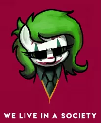 Size: 459x557 | Tagged: safe, artist:plunger, derpibooru import, oc, oc:anonfilly, unofficial characters only, earth pony, pony, bust, face paint, female, filly, joker (2019), looking at you, simple background, solo, text, the joker, we live in a society