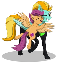 Size: 8285x8771 | Tagged: safe, artist:faitheverlasting, derpibooru import, lightning dust, scootaloo, pegasus, pony, the washouts (episode), absurd resolution, clothes, commission, crying, cutie mark, description is relevant, feels, female, filly, hug, simple background, smiling, spread wings, tears of joy, the cmc's cutie marks, transparent background, uniform, washouts uniform, wings