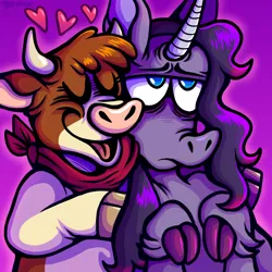 Size: 1000x1000 | Tagged: safe, artist:angry-baby, derpibooru import, arizona cow, oleander (tfh), classical unicorn, cow, unicorn, them's fightin' herds, ariander, bandana, bust, cloven hooves, community related, eyes closed, female, heart, interspecies, leonine tail, lesbian, shipping, smiling, unshorn fetlocks