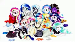 Size: 4128x2322 | Tagged: safe, artist:liaaqila, derpibooru import, oc, oc:al.ii, oc:angsty emocore, oc:black rose (ice1517), oc:cherry fizzy, oc:clausa vera, oc:jacklyn apples, oc:misanthropy melody, oc:myringa, oc:purple strings, oc:scavy, oc:soprano shadow, oc:winter's night, unofficial characters only, cyborg, equestria girls, bandana, barefoot, bedroom eyes, bondage, bracelet, choker, clothes, colored sclera, commission, crying, denim, denim vest, ear piercing, earring, eye scar, eyepatch, eyes closed, feather, feet, female, fetish, flannel, flower, flower in hair, foot fetish, grin, headphones, heart, heterochromia, hoodie, jeans, jewelry, kneeling, laughing, lying down, not applejack, not cadance, not celestia, not flurry heart, not luna, not twilight sparkle, open mouth, overalls, pajamas, pants, piercing, scar, shirt, shorts, siblings, simple background, sisters, skirt, smiling, socks, soles, spiked choker, spiked wristband, striped socks, t-shirt, tanktop, tattoo, tears of laughter, teary eyes, tickle fight, tickle torture, tickling, tongue out, traditional art, wall of tags, white background, wristband