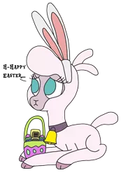 Size: 1308x1890 | Tagged: artist:supahdonarudo, basket, bell, bunny ears, cloven hooves, collar, community related, cute, derpibooru import, dialogue, easter, easter egg, egg, holiday, lamb, pomabetes, pom lamb, prone, safe, sheep, talking, them's fightin' herds