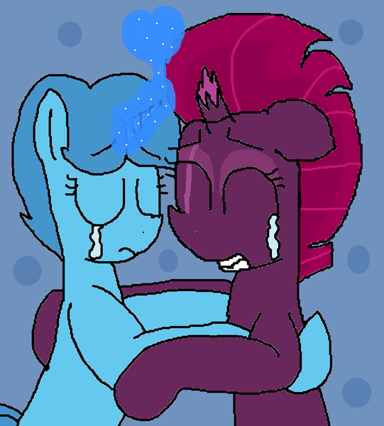 Size: 860x954 | Tagged: safe, artist:徐詩珮, derpibooru import, fizzlepop berrytwist, spring rain, tempest shadow, unicorn, my little pony: the movie, blue background, broken horn, crying, eyes closed, female, horn, hug, lesbian, magic, mare, nuzzling, shipping, simple background, springshadow