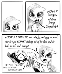 Size: 1850x2222 | Tagged: semi-grimdark, artist:chopsticks, derpibooru import, oc, oc:chopsticks, earth pony, pegasus, pony, comic:wtb is this?, abuse, angry, anorexic, canon x oc, cheek fluff, chest fluff, clothes, comic, dark comedy, dialogue, diet, ear fluff, female, hat, hoof fluff, looking at you, male, mare, monochrome, ribcage, ribs, skinny, stallion, text