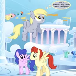 Size: 624x624 | Tagged: safe, derpibooru import, edit, edited screencap, screencap, blueberry cloud, cool star, derpy hooves, fluttershy, rainbow dash, skyra, starburst (character), stardancer, pony, sonic rainboom (episode), cloudsdale, cropped, cute, derpabetes, implied dinky, pennant, thought bubble