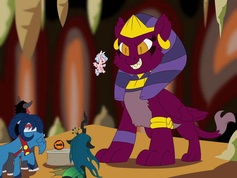 Size: 1280x960 | Tagged: artist:jennithedragon, cozy glow, crystal ball, daring done?, derpibooru import, grogar, grogar's orb, lord tirek, queen chrysalis, safe, sphinx, sphinx (character), the beginning of the end