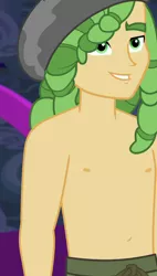 Size: 614x1080 | Tagged: safe, derpibooru import, screencap, sandalwood, equestria girls, equestria girls series, spring breakdown, spoiler:eqg series (season 2), all good (song), clothes, cropped, male, partial nudity, smiling, topless