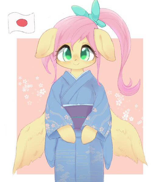 Size: 1728x2048 | Tagged: alternate hairstyle, artist:91o42, bow, clothes, cute, derpibooru import, female, floppy ears, fluttershy, hair bow, kimono (clothing), looking at you, mare, pegasus, ponytail, safe, semi-anthro, shyabetes, solo