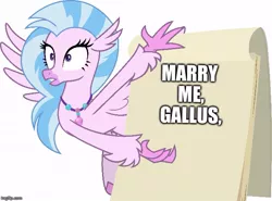 Size: 673x499 | Tagged: safe, artist:frownfactory, derpibooru import, gallus, silverstream, hippogriff, uprooted, exploitable, female, flipchart, gallstream, gru's plan, implied gallus, jewelry, male, marriage proposal, necklace, shipping, simple background, solo, straight, subtle as a train wreck, transparent background, vector, wings