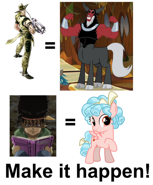 Size: 712x860 | Tagged: safe, derpibooru import, cozy glow, lord tirek, human, pegasus, pony, boingo, boingo oingo, exploitable meme, female, filly, freckles, hol horse, jojo's bizarre adventure, make it happen, male, meme, the emperor