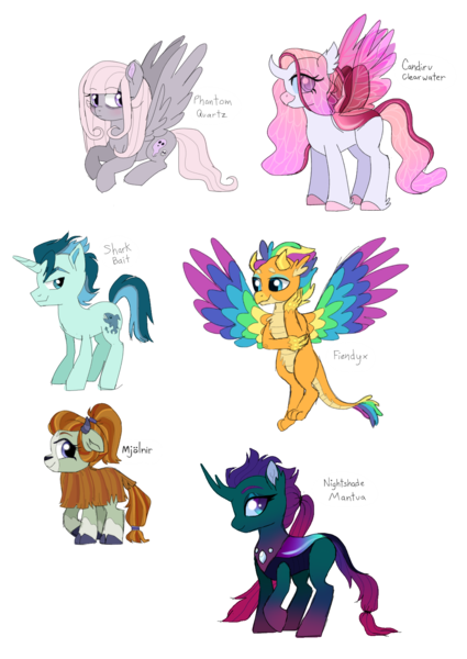 Size: 1195x1688 | Tagged: safe, artist:unoriginai, derpibooru import, oc, oc:candiru clearwater, oc:fiendyx, oc:mjölnir, oc:nightshade mantua, oc:phantom quartz, oc:shark bait, unofficial characters only, changedling, changeling, dragon, dragriff, gryphon, hippogriff, hybrid, original species, pegasus, pony, unicorn, yak, yakony, colored wings, cute, female, interspecies offspring, magical gay spawn, magical lesbian spawn, male, multicolored wings, next generation, offspring, parent:chancellor neighsay, parent:fluttershy, parent:gallus, parent:marble pie, parent:ocellus, parent:pharynx, parent:rockhoof, parent:sandbar, parent:silverstream, parent:smolder, parent:tempest shadow, parent:yona, parents:marbleshy, parents:ocellustream, parents:sandsay, parents:smollus, parents:tempynx, parents:yonahoof, rainbow wings, simple background, spread wings, transparent background, wings