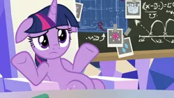 Size: 1920x1080 | Tagged: safe, derpibooru import, screencap, twilight sparkle, twilight sparkle (alicorn), alicorn, pony, sparkle's seven, 200th episode, chalkboard, female, floppy ears, friendship throne, mare, shrug, slouching