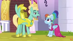 Size: 1914x1069 | Tagged: safe, derpibooru import, screencap, rainbow dash, zephyr breeze, pony, sparkle's seven, alternate hairstyle, armor, clothes, dress, female, male, megaradash, rainbow dash always dresses in style, royal guard, royal guard armor, royal guard zephyr breeze