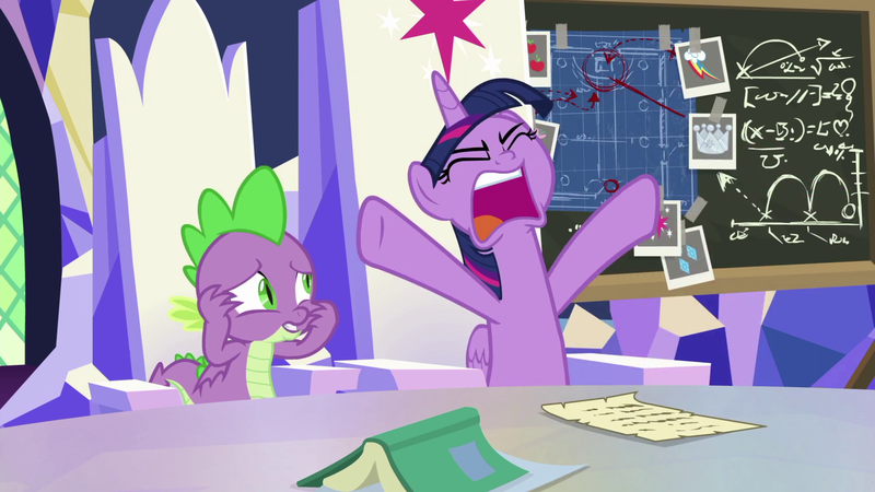 Size: 1920x1080 | Tagged: safe, derpibooru import, screencap, spike, twilight sparkle, twilight sparkle (alicorn), alicorn, dragon, pony, sparkle's seven, 200th episode, book, chalkboard, friendship throne, oh come on, throne, winged spike