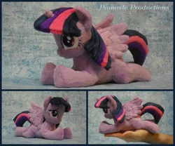 Size: 3000x2500 | Tagged: safe, artist:bluedragonflyplush, derpibooru import, twilight sparkle, twilight sparkle (alicorn), alicorn, pony, beanie (plushie), female, hand, horn, irl, mare, photo, plushie, prone, solo, spread wings, wings