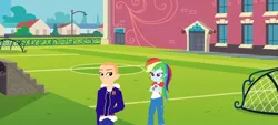 Size: 1280x576 | Tagged: safe, artist:kayman13, artist:selenaede, derpibooru import, rainbow dash, human, equestria girls, bully, bully (video game), clothes, crossed arms, female, jimmy hopkins, looking at each other, male, smiling, soccer field
