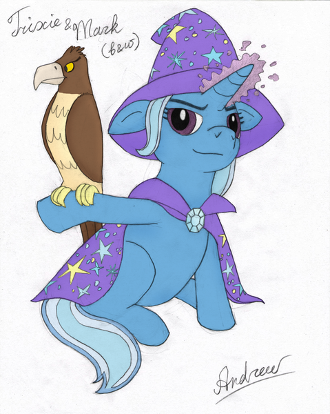 Size: 2507x3142 | Tagged: safe, artist:greengimmick, derpibooru import, trixie, bird, hawk, pony, unicorn, cape, clothes, female, hat, mare, simple background, smiling, trixie's cape, trixie's hat, white background