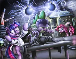 Size: 1296x1008 | Tagged: artist:koodorshnik, clothes, derpibooru import, frankenstein's monster, lab coat, laboratory, mad scientist, pinkie pie, safe, science, spike, twilight sparkle