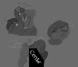 Size: 3988x3442 | Tagged: suggestive, artist:scarrly, derpibooru import, oc, oc:whiskey dreams, pony, !!!, art dump, censored, dialogue, drawing under the influence, monochrome