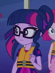 Size: 791x1060 | Tagged: safe, derpibooru import, screencap, pinkie pie, sci-twi, twilight sparkle, equestria girls, equestria girls series, spring breakdown, spoiler:eqg series (season 2), clothes, cropped, female, geode of telekinesis, glasses, lifejacket, magical geodes, offscreen character, ponytail