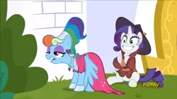 Size: 882x496 | Tagged: safe, derpibooru import, screencap, rainbow dash, rarity, pegasus, pony, unicorn, sparkle's seven, alternate hairstyle, canterlot, canterlot castle, clothes, cute, discovery family logo, dress, faic, happy, megara, megaradash, rainbow dash always dresses in style, raribetes, varying degrees of want, weird face, wings, wings down