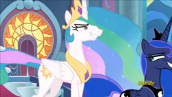 Size: 882x496 | Tagged: safe, derpibooru import, screencap, princess celestia, princess luna, alicorn, pony, sparkle's seven, canterlot, canterlot castle, discovery family logo, faic, forced smile, sibling rivalry, stained glass, throne, throne room