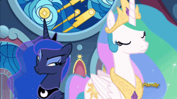 Size: 806x451 | Tagged: safe, derpibooru import, screencap, princess celestia, princess luna, pony, sparkle's seven, animated, celestia is not amused, crown, duckface, duo, eyes closed, female, floppy ears, flowing mane, gif, grumpy, grumpy celestia, grumpy luna, jewelry, luna is not amused, mare, pouting, raised eyebrow, regalia, royal sisters, sibling rivalry, siblings, sisters, unamused