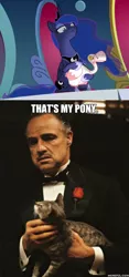 Size: 600x1281 | Tagged: safe, derpibooru import, edit, edited screencap, screencap, princess luna, alicorn, bird, cat, goose, human, pony, sparkle's seven, animal, ethereal mane, female, lidded eyes, luna petting goose, male, mare, marlon brando, starry mane, the godfather, vito corleone