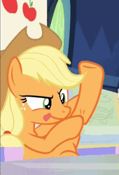 Size: 298x437 | Tagged: safe, derpibooru import, screencap, applejack, earth pony, pony, sparkle's seven, animated, bucky mcgillicutty, cute, fetish fuel, friendship throne, gif, hoof rubbing, hooves, jackabetes, kicks mcgee, massage, out of context, preparing, raised hoof, silly, silly pony, throne, tongue out, who's a silly pony