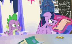 Size: 688x415 | Tagged: safe, derpibooru import, screencap, spike, twilight sparkle, twilight sparkle (alicorn), alicorn, dragon, pony, sparkle's seven, angry, animated, belly, book, chalkboard, cute, cutie map, duckface, floppy ears, friendship throne, gif, grumpy, madorable, magic, oh come on, pouting, scroll, slouching, winged spike