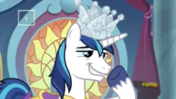 Size: 1920x1080 | Tagged: safe, derpibooru import, screencap, shining armor, pony, unicorn, sparkle's seven, canterlot castle, crown, discovery family logo, dork, grin, hard-won helm of the sibling supreme, jewelry, lidded eyes, male, regalia, smiling, smug, solo, stallion, throne room