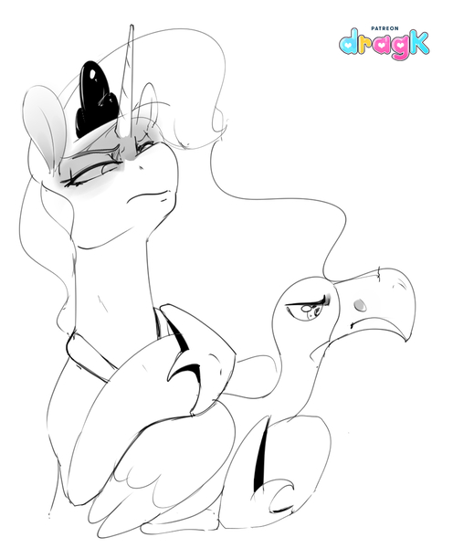 Size: 906x1097 | Tagged: safe, artist:dragk, derpibooru import, princess luna, alicorn, bird, goose, pony, sparkle's seven, animal, duo, ethereal mane, female, hoof shoes, lidded eyes, luna petting goose, mare, monochrome, petting, scene interpretation, simple background, sketch, white background