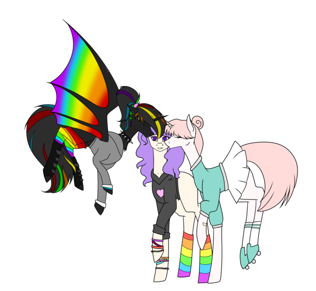 Size: 4860x4476 | Tagged: safe, artist:icey-wicey-1517, artist:moonlight0shadow0, color edit, derpibooru import, edit, oc, oc:maxie (ice1517), oc:night rainbow, oc:rolla derbi, unofficial characters only, alicorn, bat pony, bat pony alicorn, earth pony, pony, unicorn, alicorn oc, alternate hairstyle, bandaid, bat pony oc, bat wings, blank flank, boots, bracelet, choker, clothes, collaboration, colored, cute, ear piercing, earring, eyes closed, female, flying, hoodie, horn, jacket, jewelry, kiss on the cheek, kiss sandwich, kissing, lesbian, mare, multicolored hair, oc x oc, piercing, polyamory, ponytail, rainbow hair, rainbow socks, raised hoof, roller skates, shipping, shoes, simple background, skirt, socks, spiked choker, striped socks, transparent background, wing piercing, wings, wristband