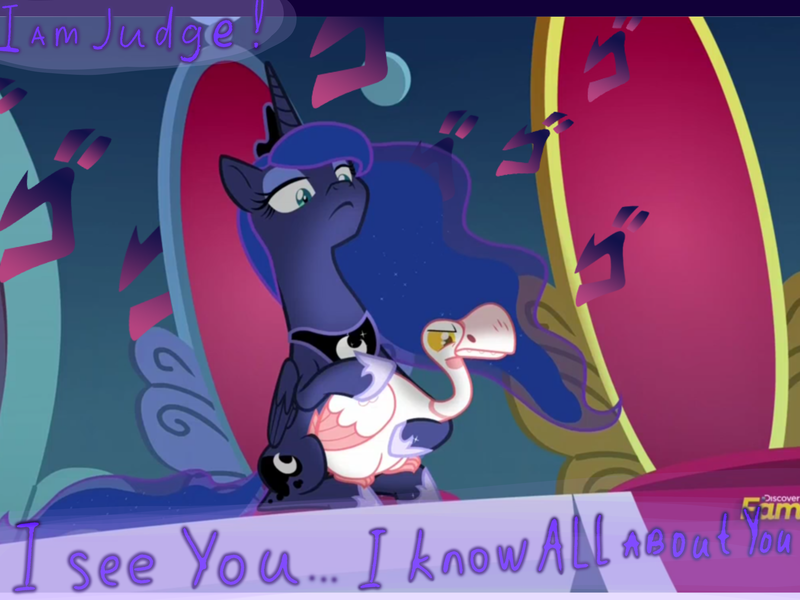 Size: 2000x1500 | Tagged: safe, derpibooru import, edit, edited screencap, screencap, princess luna, alicorn, bird, goose, pony, sparkle's seven, animal, duo, ethereal mane, female, lidded eyes, luna petting goose, mare, speech, starry mane, talking, throne