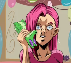 Size: 3300x2900 | Tagged: artist:frankaraya, clothes, derpibooru import, diavolo, gummy, human, humanized, is that a jojo reference?, jojo's bizarre adventure, phone, pinkamena diane pie, pinkie pie, safe, shirt, vento aureo, vinegar doppio