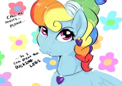 Size: 1860x1320 | Tagged: safe, artist:testostepone, derpibooru import, rainbow dash, pegasus, pony, sparkle's seven, alternate hairstyle, dialogue, ear piercing, earring, eyeshadow, female, jewelry, makeup, mare, megaradash, necklace, piercing, pretty, rainbow dash always dresses in style, simple background, solo, swearing, that was fast, vulgar