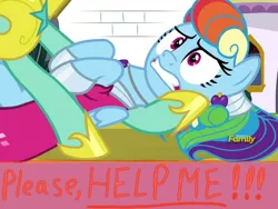 Size: 2000x1500 | Tagged: safe, derpibooru import, edit, edited screencap, screencap, rainbow dash, zephyr breeze, pony, sparkle's seven, alternate hairstyle, caption, discovery family logo, imminent rape, imminent sex, megaradash, out of context, rainbow dash always dresses in style, royal guard, royal guard zephyr breeze, solo focus