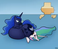 Size: 1900x1600 | Tagged: safe, artist:jesseorange, derpibooru import, princess celestia, princess luna, pony, series:absurdly huge luna's life, belly, butt, duo, duo female, fat, female, huge butt, impossibly large butt, large butt, moonbutt, morbidly obese, obese, plot, princess moonpig, property damage, sitting on, sitting on pony, the ass was too fat, wall