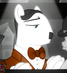 Size: 541x584 | Tagged: safe, deleted from derpibooru, derpibooru import, edit, edited screencap, screencap, rainbow dash, rarity, earth pony, pony, sparkle's seven, 'allo 'allo, angry, armband, bartender, clothes, facial hair, female, hitler moustache, investigator dash, male, mare, nazi, nazi armband, nazi germany, nazi uniform, rene artois, stallion, uniform